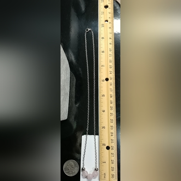 Rose Quartz Three Bead Necklace Natural Gemstone Crystal Stainless-Steel Chain - Picture 12 of 12